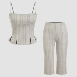 Two-Piece Spaghetti Strap Top & Cropped Pants Set - Blue & Beige Houndstooth